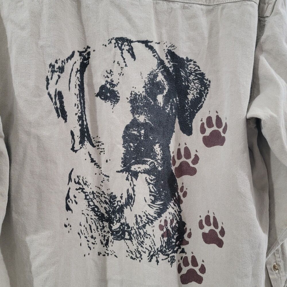 Vintage Mens Button Up Shirt Size Small Cotton Beige Dog Prints Labrador Outdoor - Picture 2 of 7